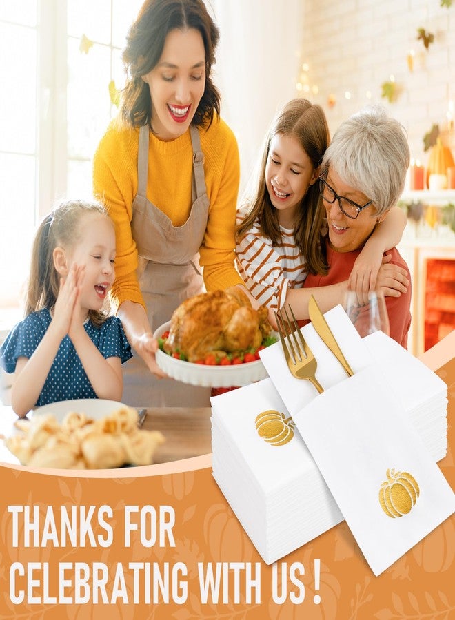 وولاين مجموعة مناديل ورقية من والين، ١٠٠ قطعة، بتصميم كتاني أنيق، مزودة بجيب مدمج لأدوات المائدة، مزينة بورق ذهبي على شكل يقطينة، للاستخدام مرة واحدة، مثالية لحفلات عيد الشكر وحفلات العشاء الخريفية. - Image 4